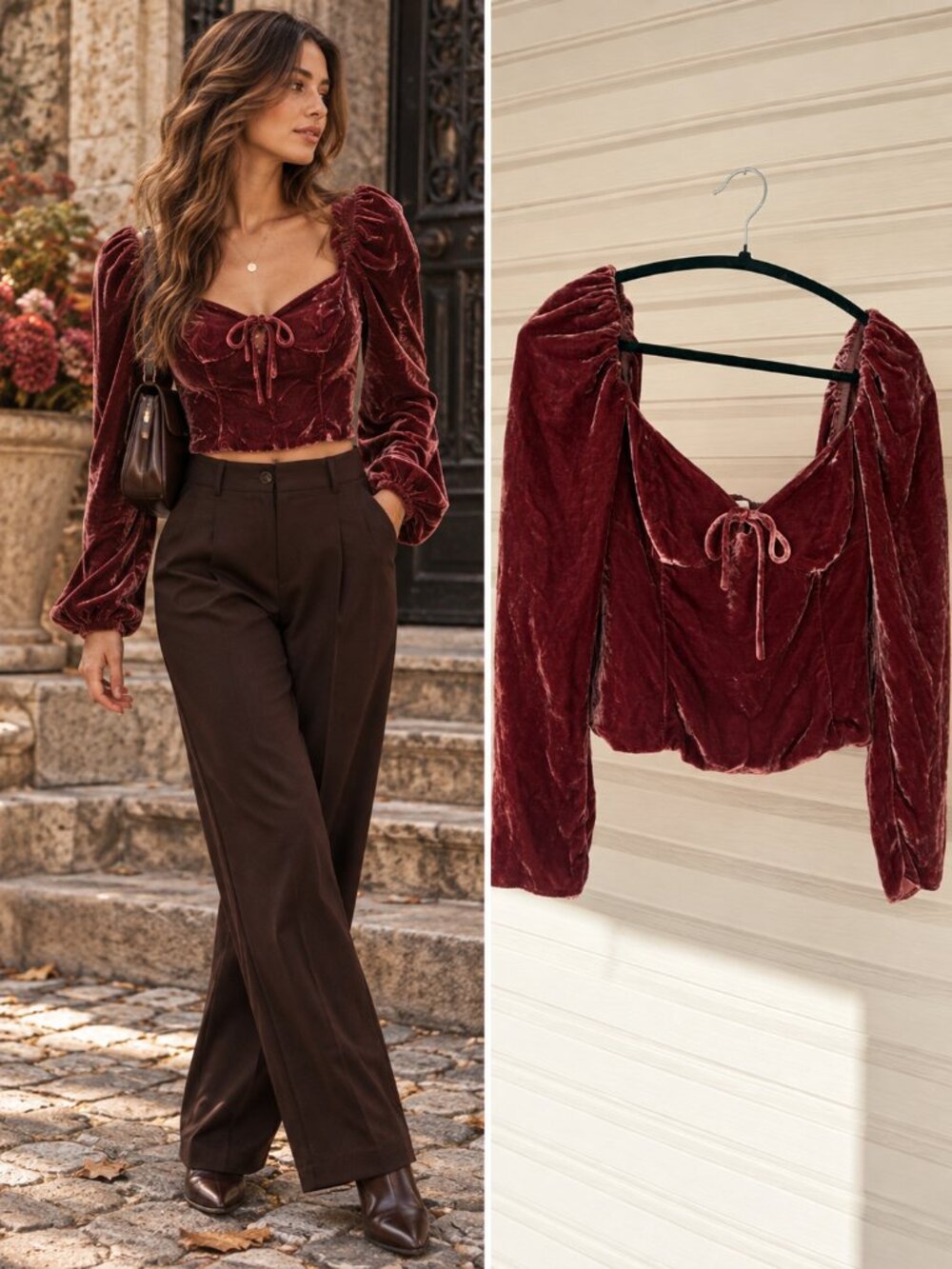 Wilfred Burgundy Velvet Cropped Puff Sleeve Top Coquette Romantic Small